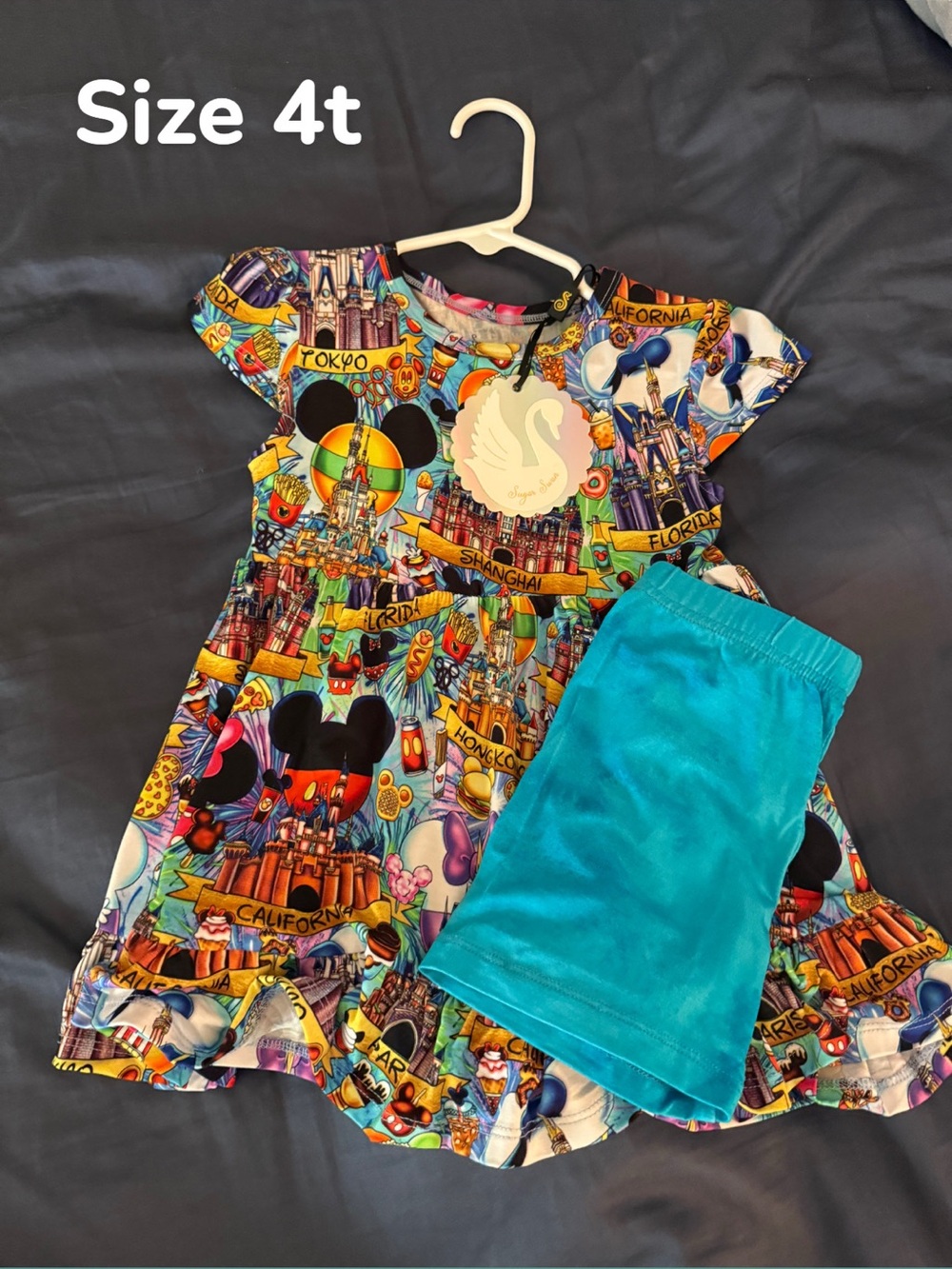 Sugar Swan Colorful Theme Park Print Dress with Teal Shorts - Size 4T